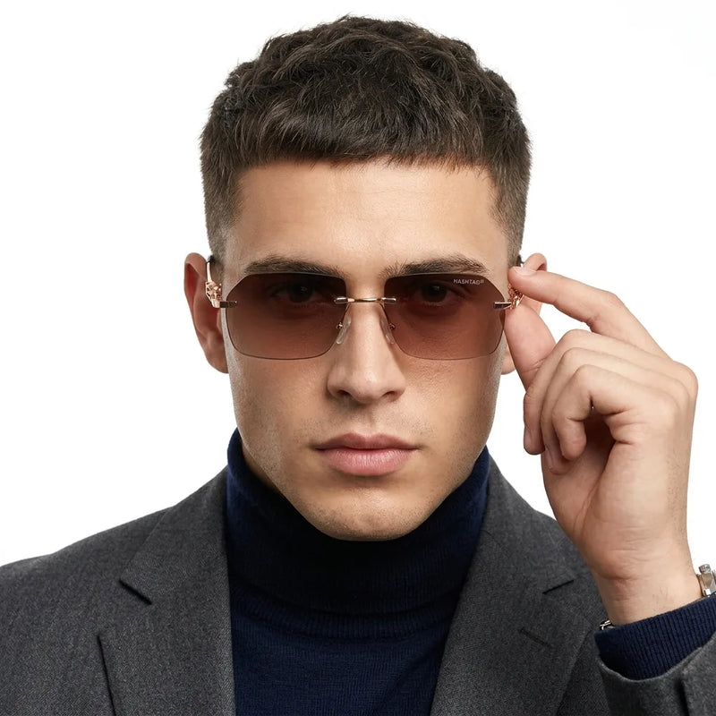 Panthera | Gradient Brown Medium Rim Less RECTANGLE Sunglasses for Men & Women [UV-protected]