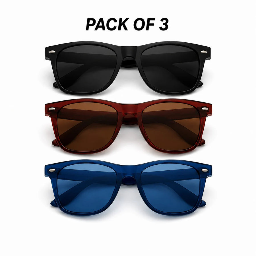 Classic Combo Pack of 3 | Blue,Brown,Matte Black Medium Full Rim Wayfarer Sunglasses for Men [Polarized]