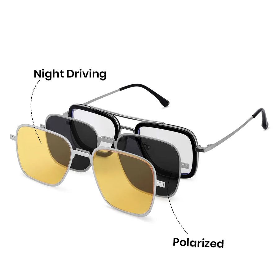 Novaic | Silver & Black Medium Full Rim Rectangle Clip-on for Men & Women [UV-protected]