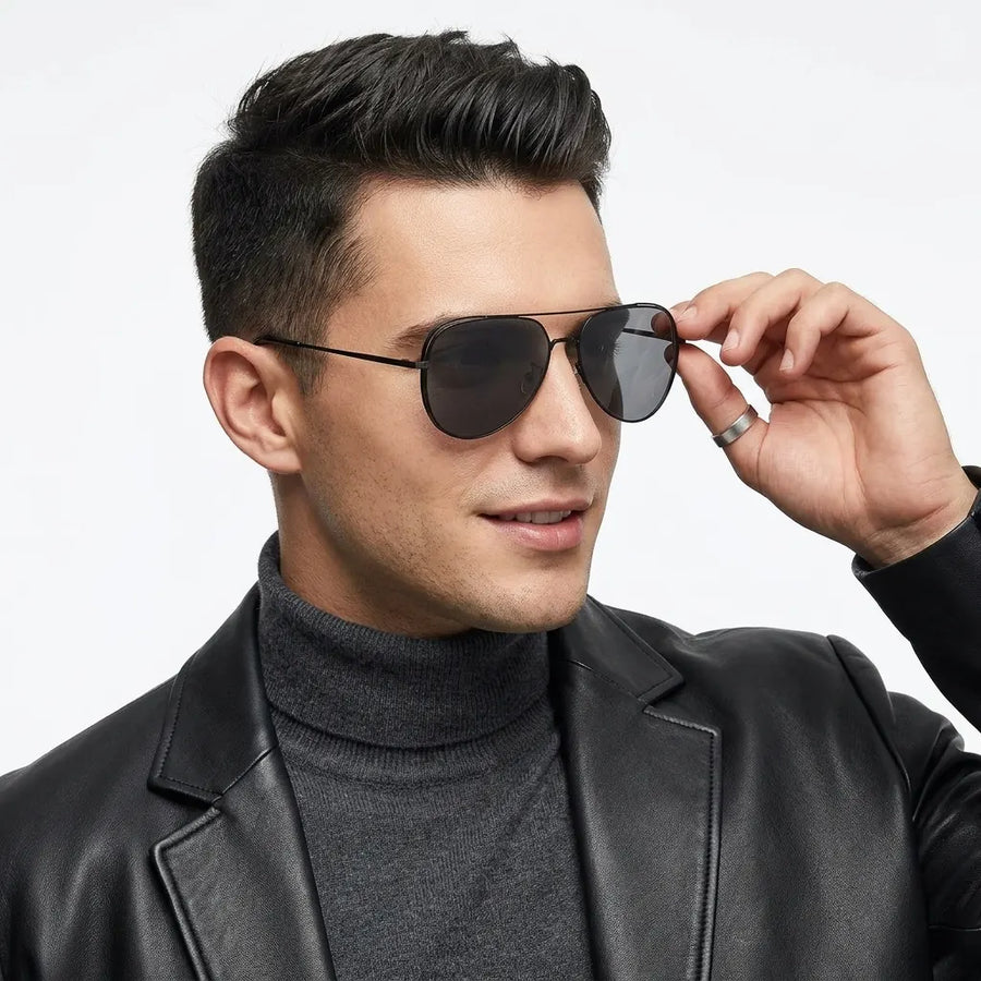 Crythra | Black Large Full Rim Aviator Sunglasses for Men [Polarized]