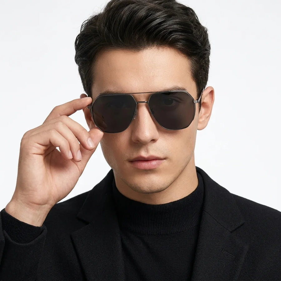 Drakara | Black Large Full Rim Hexagonal Sunglasses for Men [Polarized]