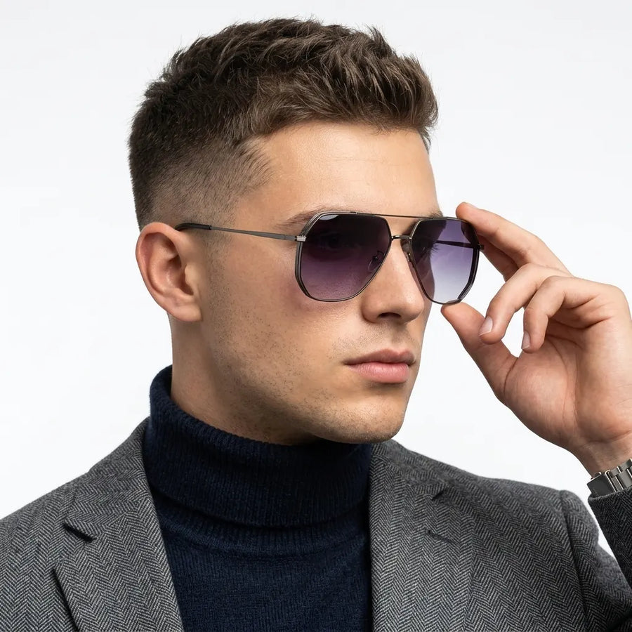 Drakara | Grey Large Full Rim Hexagonal Sunglasses for Men [Polarized]