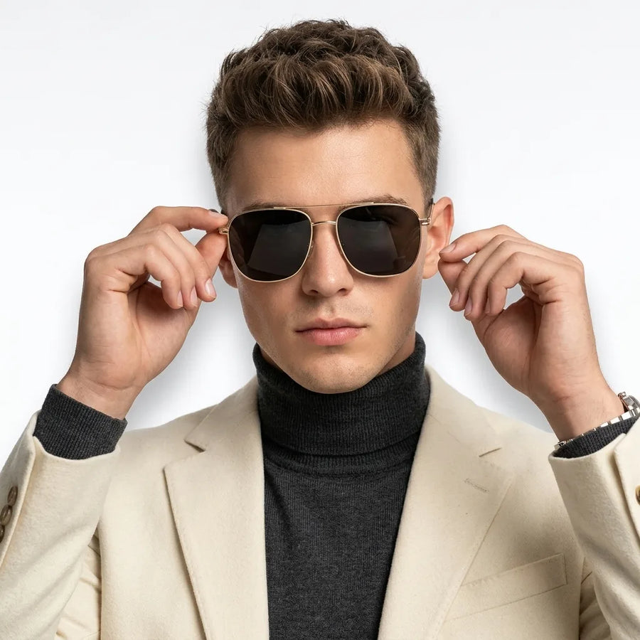 Quivion | Golden Large Full Rim Square Sunglasses for Men [Polarized]