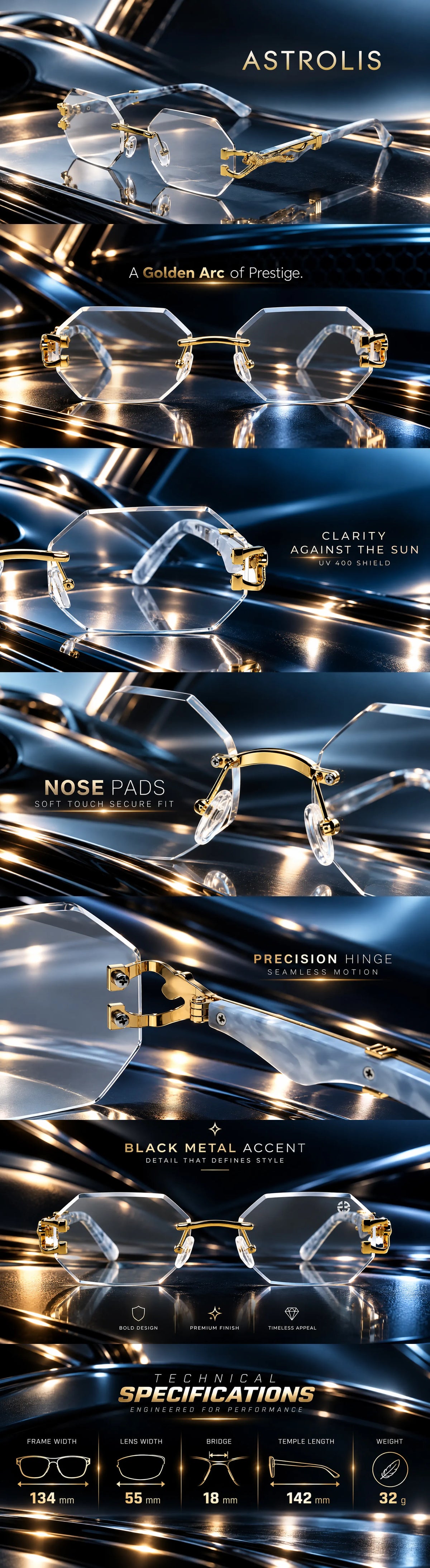 Astrolis | Golden Medium Rim Less Hexagonal Eyeglasses for Men [UV-protected]