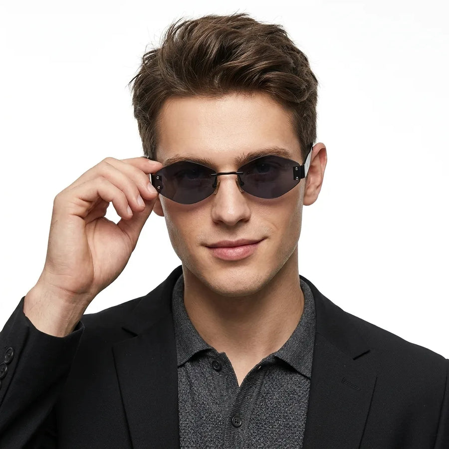 SEVA | Black Medium Rim Less Diamond with Lock Side Hinges Sunglasses for Men & Women [UV-protected]