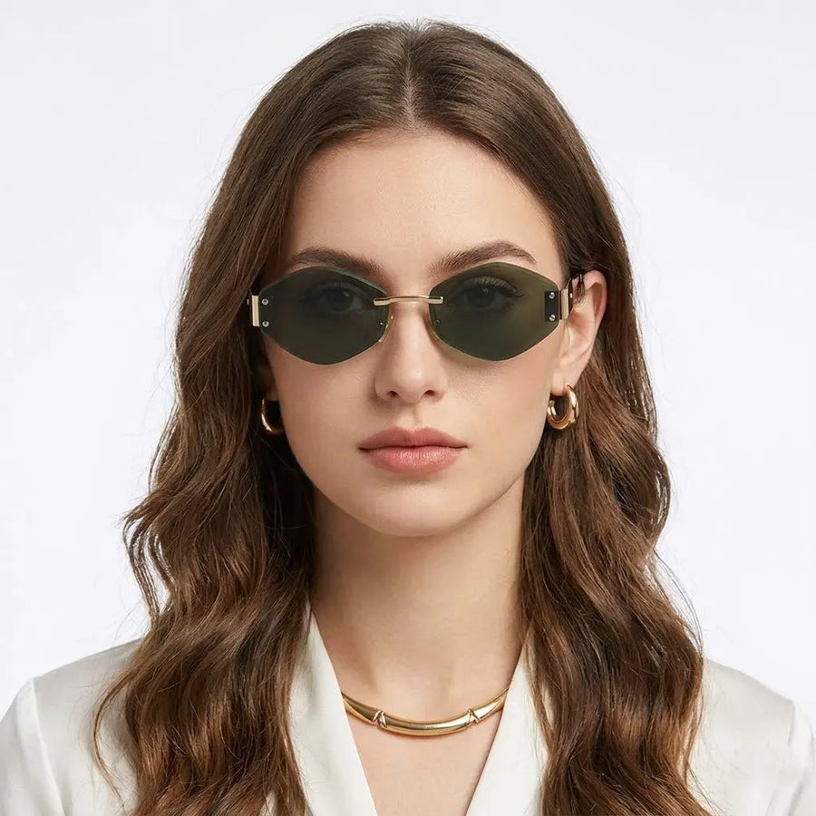 SEVA | Golden Green Medium Rim Less Diamond with Lock Side Hinges Sunglasses for Men & Women [UV-protected]