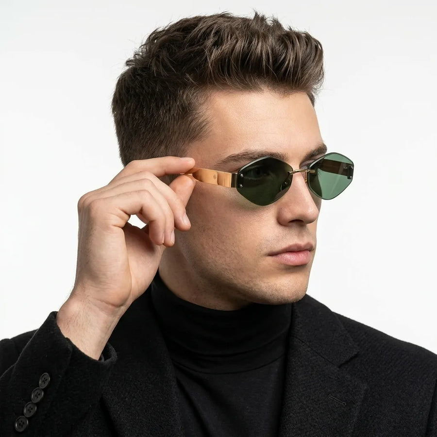 SEVA | Golden Green Medium Rim Less Diamond with Lock Side Hinges Sunglasses for Men & Women [UV-protected]
