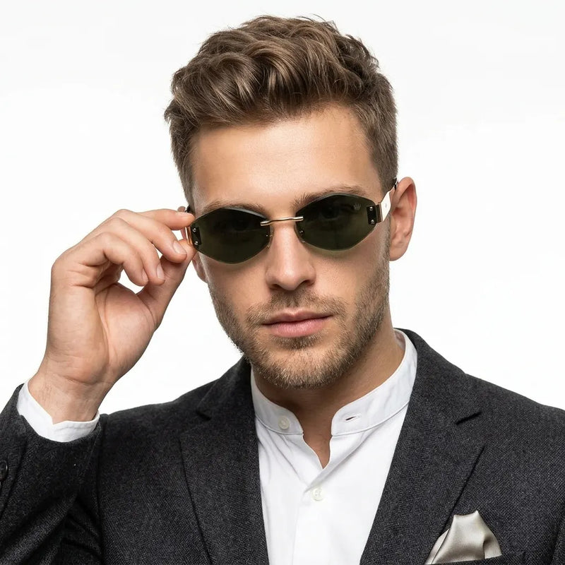 SEVA | Golden Green Medium Rim Less Diamond with Lock Side Hinges Sunglasses for Men & Women [UV-protected]