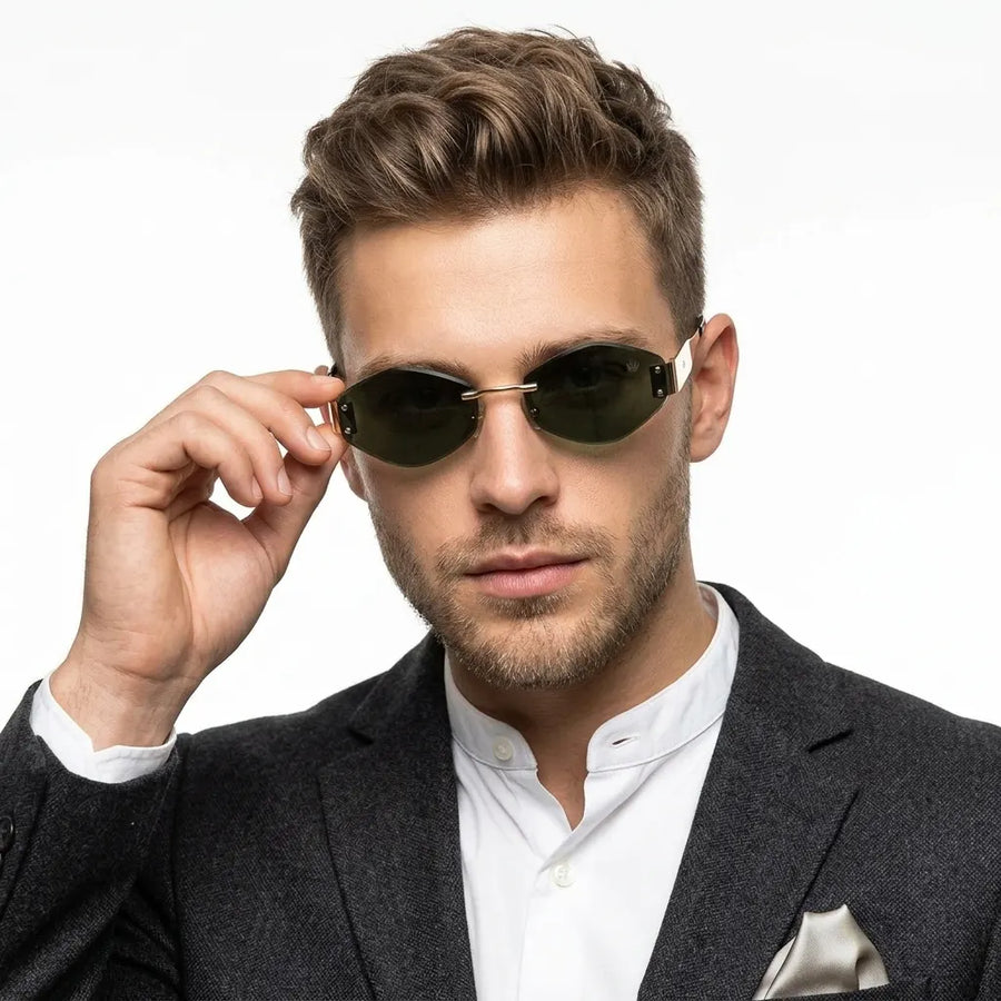 SEVA | Golden Green Medium Rim Less Diamond with Lock Side Hinges Sunglasses for Men & Women [UV-protected]
