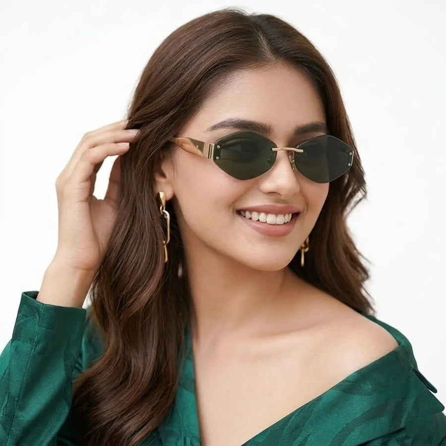 SEVA | Golden Green Medium Rim Less Diamond with Lock Side Hinges Sunglasses for Men & Women [UV-protected]