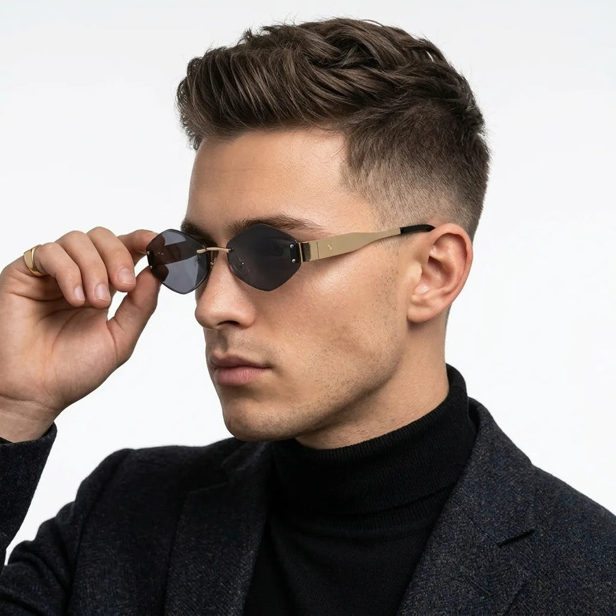 SEVA | Golden Black Medium Rim Less Diamond with Lock Side Hinges Sunglasses for Men & Women [UV-protected]