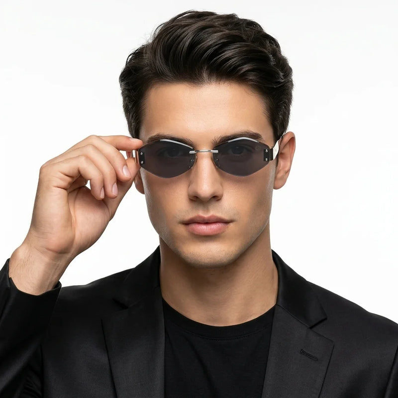 SEVA | Silver Medium Rim Less Diamond with Lock Side Hinges Sunglasses for Men & Women [UV-protected]