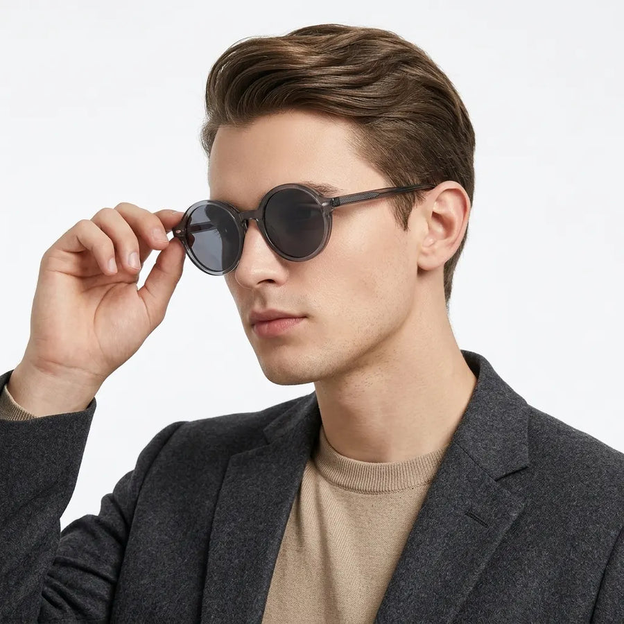 Retro | Transparent Grey Medium Full Rim Round Sunglasses for Men [UV-protected]