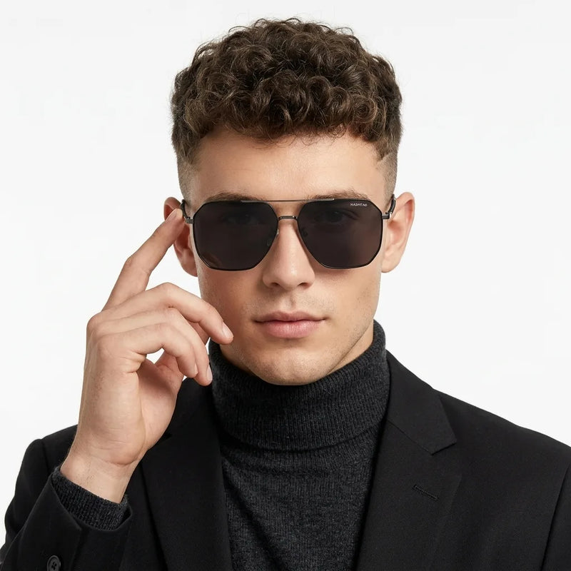 Lenis | Silver & Black Large Full Rim Haxagonal Sunglasses for Men [Polarized]
