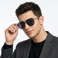 Lenis | Silver & Black Large Full Rim Haxagonal Sunglasses for Men [Polarized]