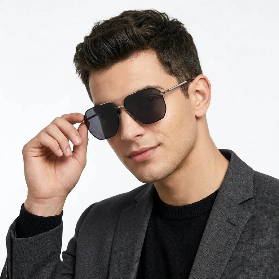 Lenis | Silver & Black Large Full Rim Haxagonal Sunglasses for Men [Polarized]