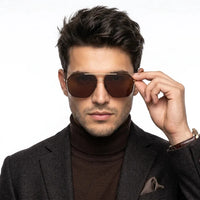 Lenis | Golden & Brown Large Full Rim Hexagonal Sunglasses for Men [Polarized]