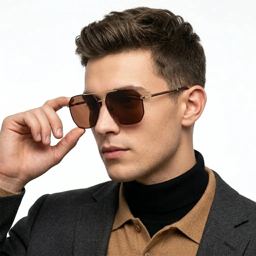 Lenis | Golden & Brown Large Full Rim Hexagonal Sunglasses for Men [Polarized]