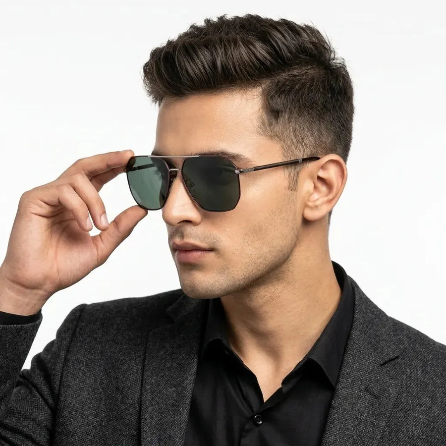 Lenis | Green Large Full Rim Haxagonal Sunglasses for Men [Polarized]
