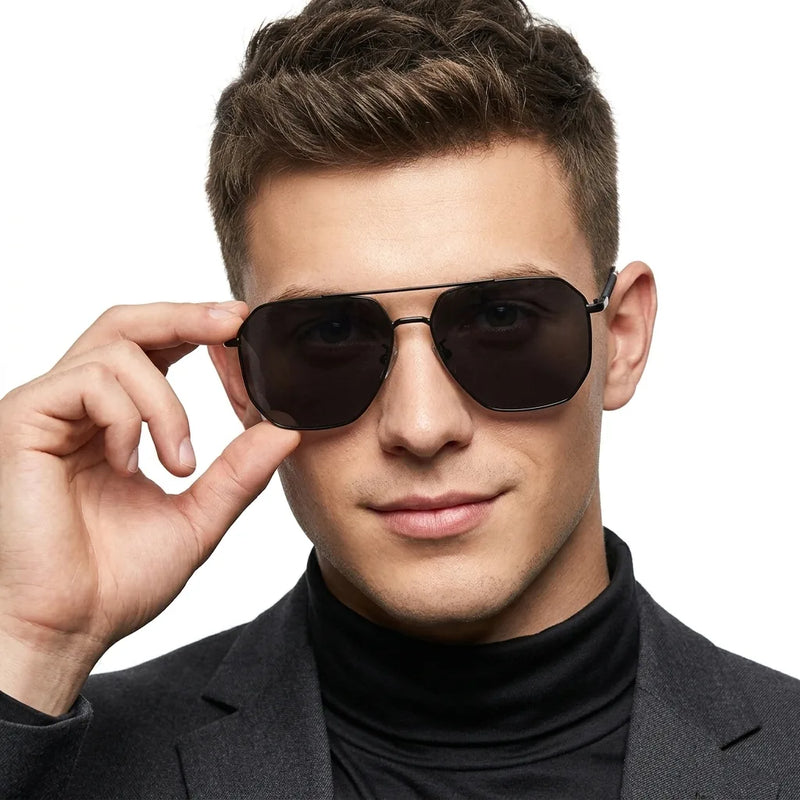 Lenis | Black Large Full Rim Hexagonal Sunglasses for Men [Polarized]