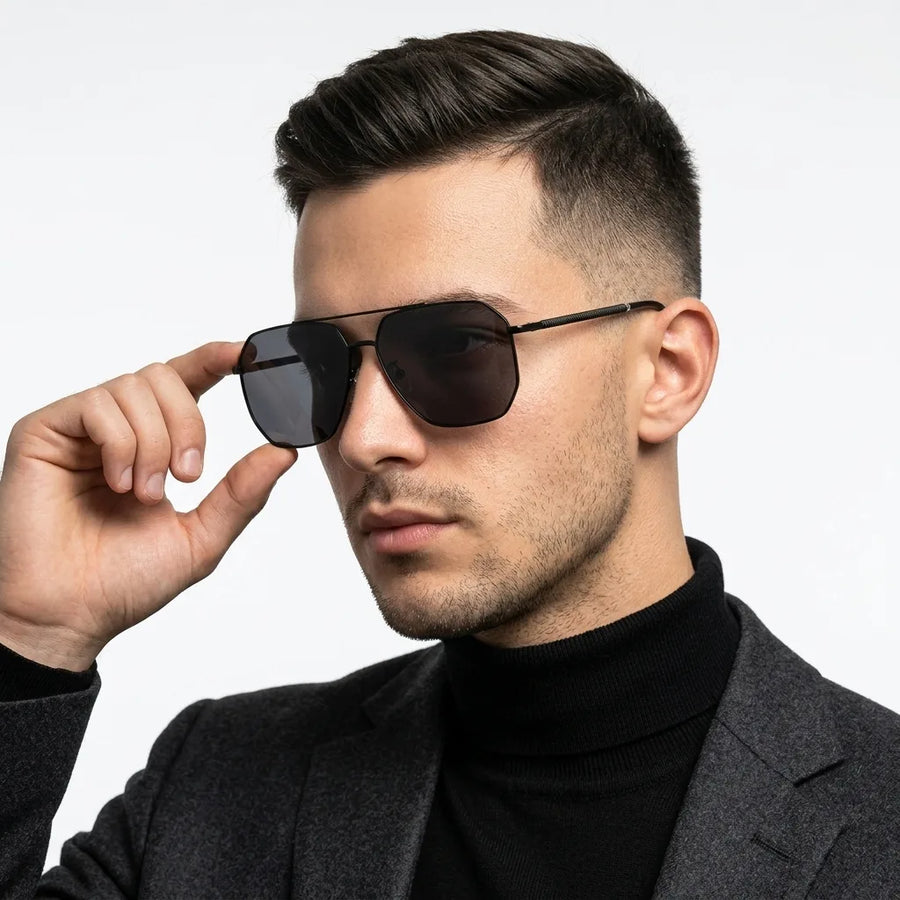 Lenis | Black Large Full Rim Hexagonal Sunglasses for Men [Polarized]