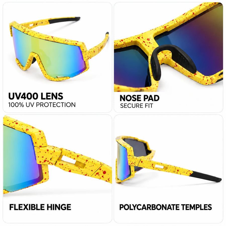 Strix | Yellow/Red/Texture Large Full Rim Shield Sports Sunglasses for Men & Women [UV-protected]