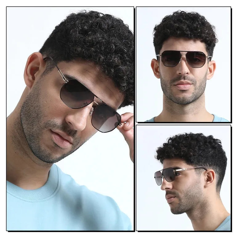 Sion | Golden & Brown Large Full Rim Hexagonal Sunglasses for Men & Women [Polarized]