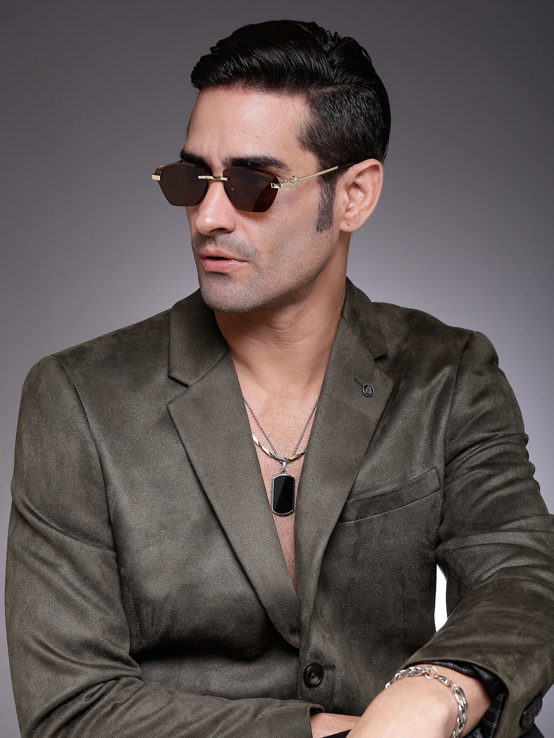 Pyrion | Brown Medium Rim Less Rectangle Sunglasses for Men [UV-protected]