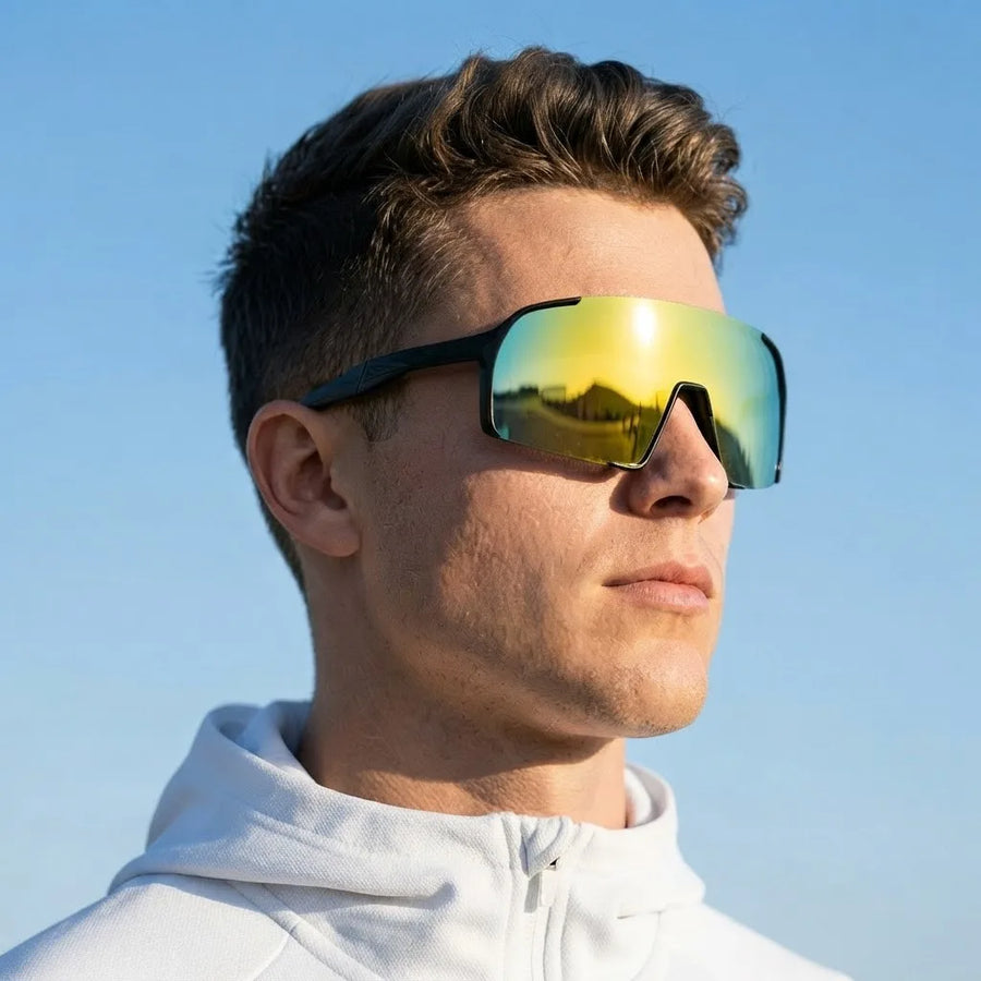 Swift | Black Large Full Rim Visor Sports Sunglasses for Men & Women [Mirrored]