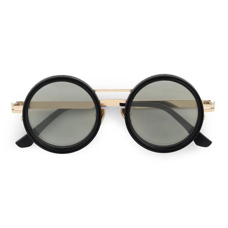 APERTURE | Golden & Black Large Full Rim Round Sunglasses for Men & Women [Tint Adjustable]