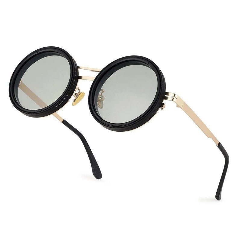 APERTURE | Golden & Black Large Full Rim Round Sunglasses for Men & Women [Tint Adjustable]