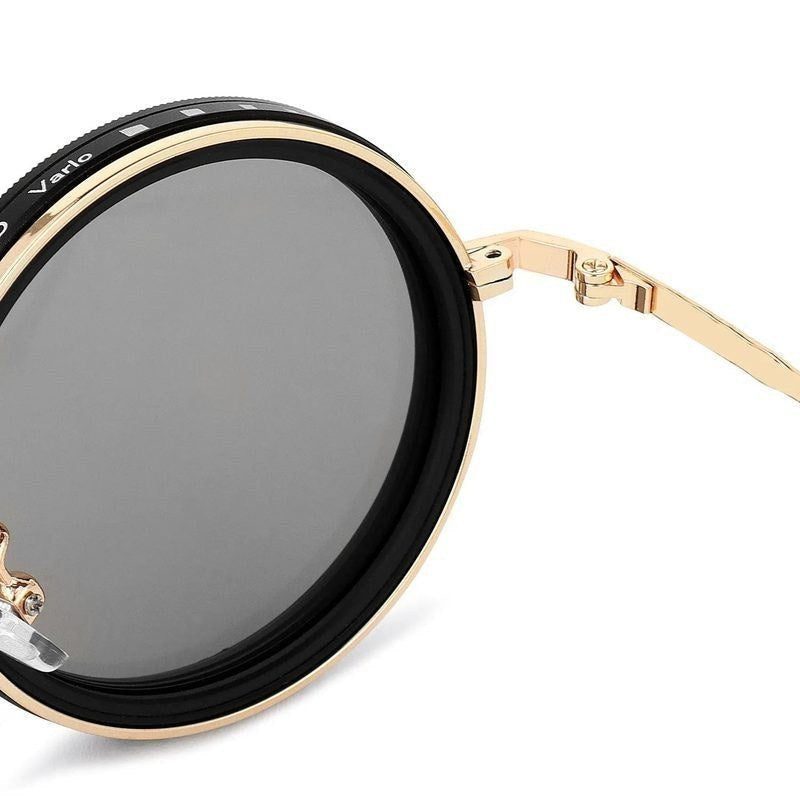 APERTURE SB | Golden & Black Large Full Rim Round Sunglasses for Men & Women [Tint Adjustable]