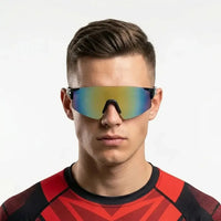 Auryon | Dotted Blue & Black & Red Large Rim Less Shield Sports Sunglasses for Men & Women [UV-protected]
