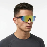 Auryon | Dotted Blue & Black & Red Large Rim Less Shield Sports Sunglasses for Men & Women [UV-protected]