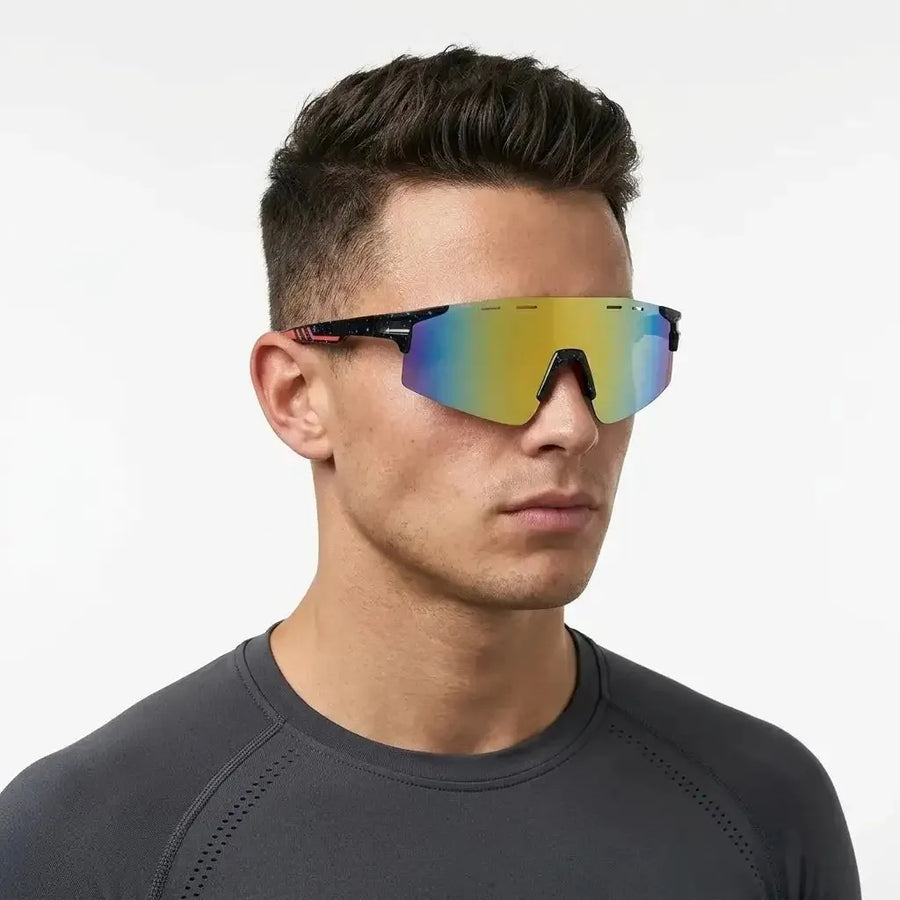 Auryon | Dotted Blue & Black & Red Large Rim Less Shield Sports Sunglasses for Men & Women [UV-protected]