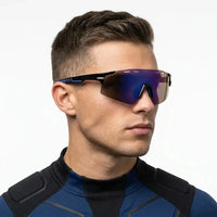 Auryon | Black & Blue Large Rim Less Shield Sports Sunglasses for Men & Women [UV-protected]