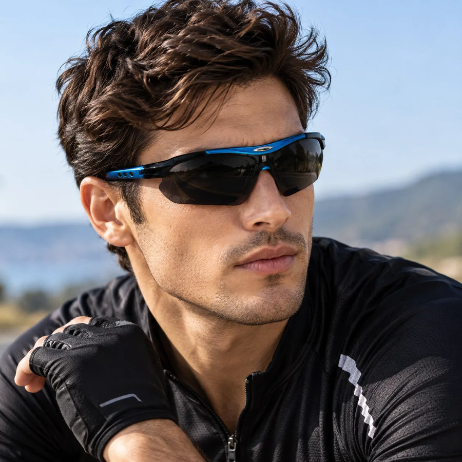 Valkor | Blue & Black Free Size Half Rim Shield Sports Sunglasses for Men & Women Changeable Lens  [Polarized]