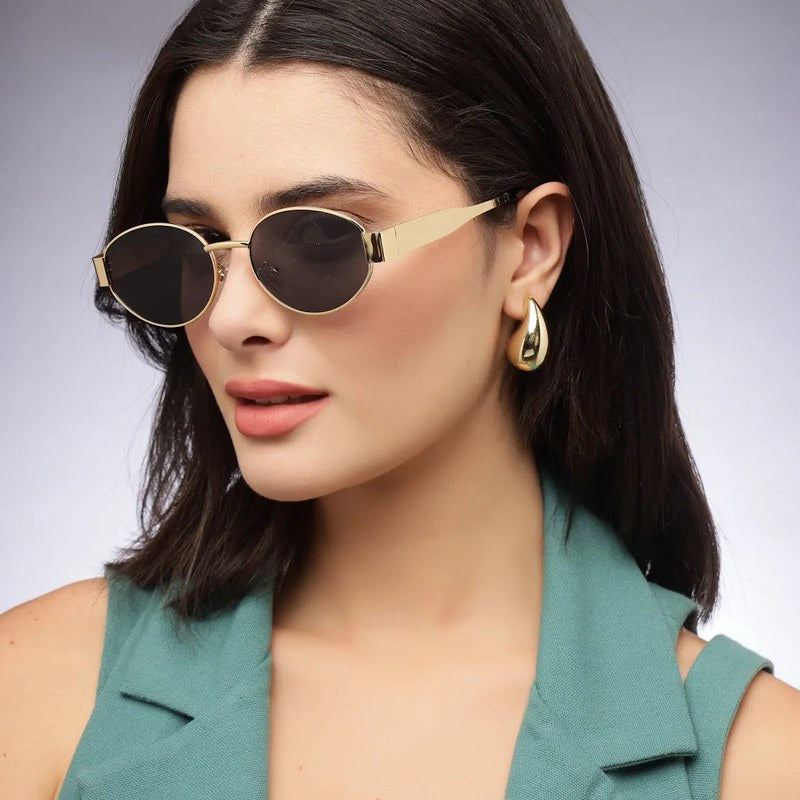 Ivory | Golden Medium Full Rim Oval Sunglasses for Women [UV-protected]