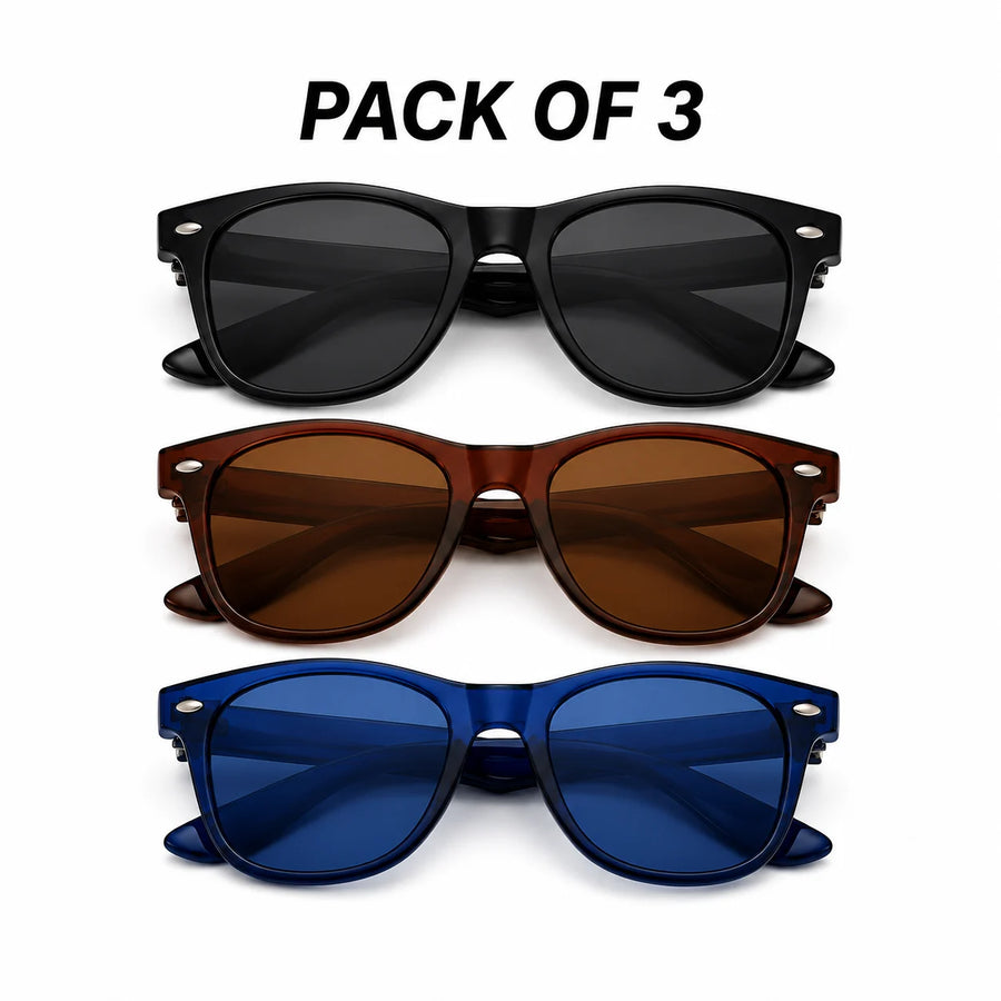 Classic Combo Pack of 3 | Blue,Brown,Green Medium Full Rim Wayfarer Sunglasses for Men [Polarized]