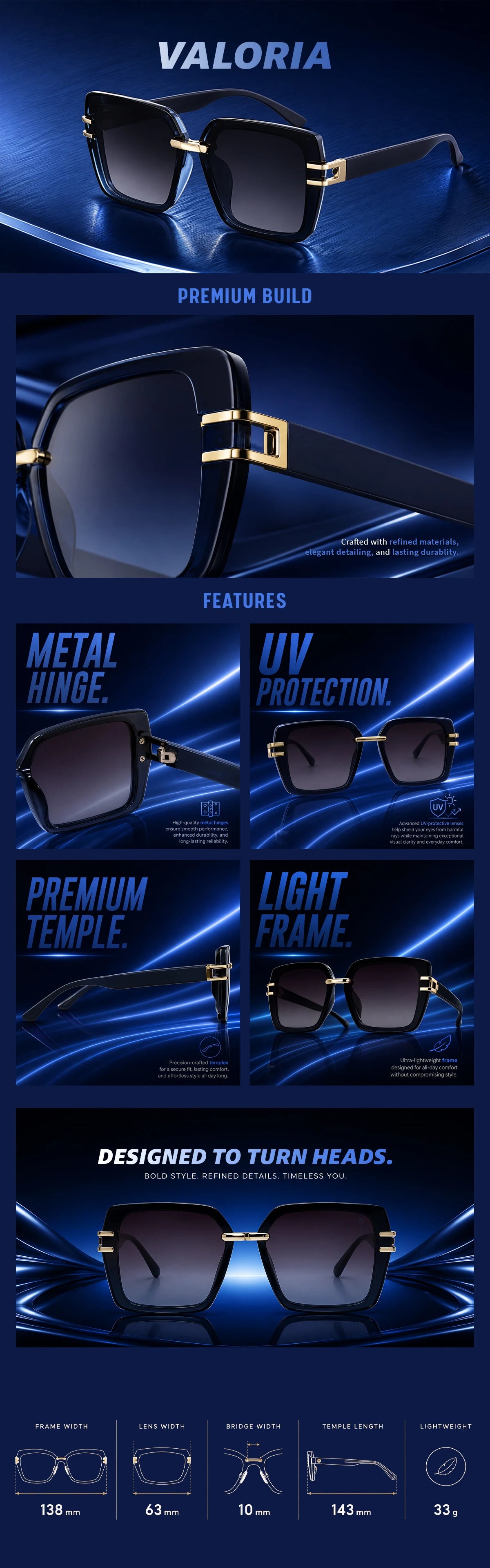 Valoria | Blue Large Full Rim Square Sunglasses for Women [UV-protected]