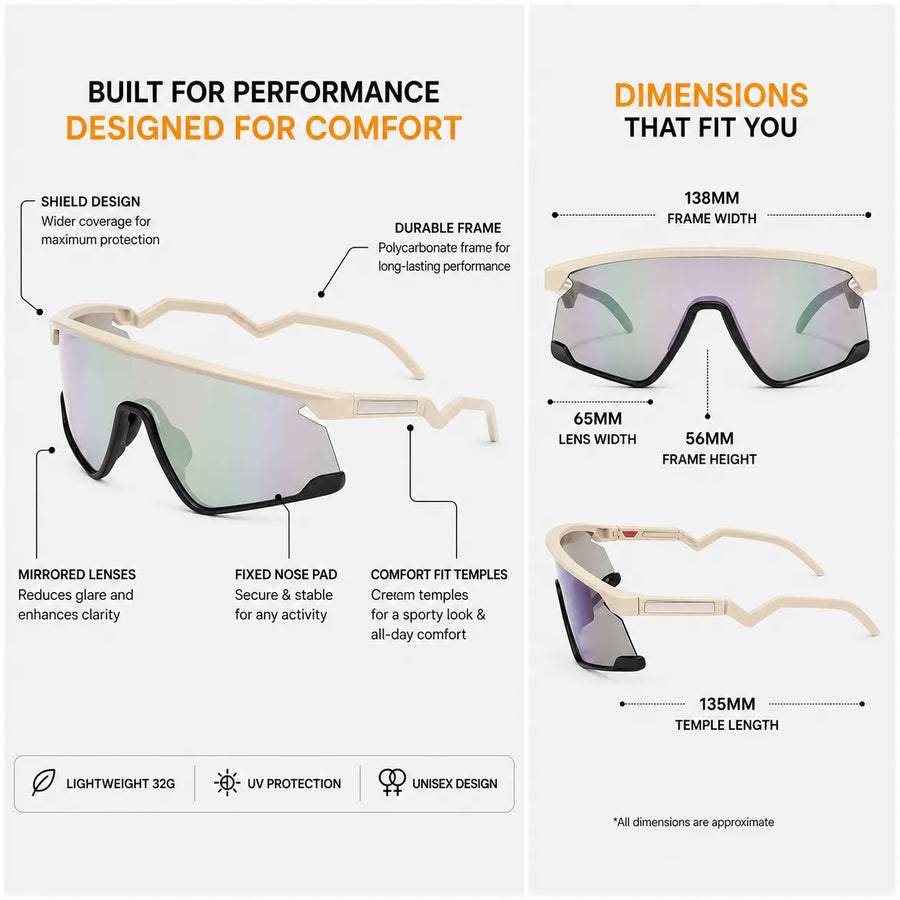 Eaga | Cream Large Half Rim Shield Sports Sunglasses for Men & Women [Mirrored]