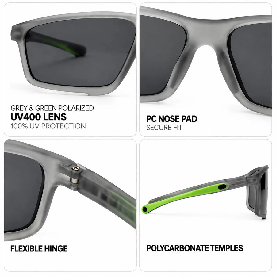 H2R | Grey/Green Medium Full Rim Rectangle Sports Sunglasses for Men & Women [Polarized]