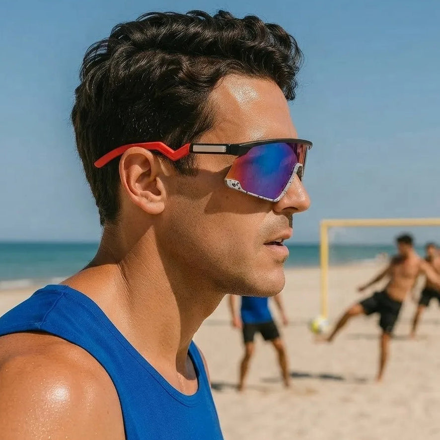 Eaga | Black-Grey Texture Large Half Rim Shield Sports Sunglasses for Men & Women [Mirrored]