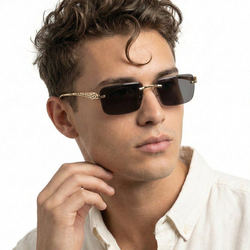 Clyra Black Medium Rim Less Square Sunglasses for Men — Hashtag Eyewears