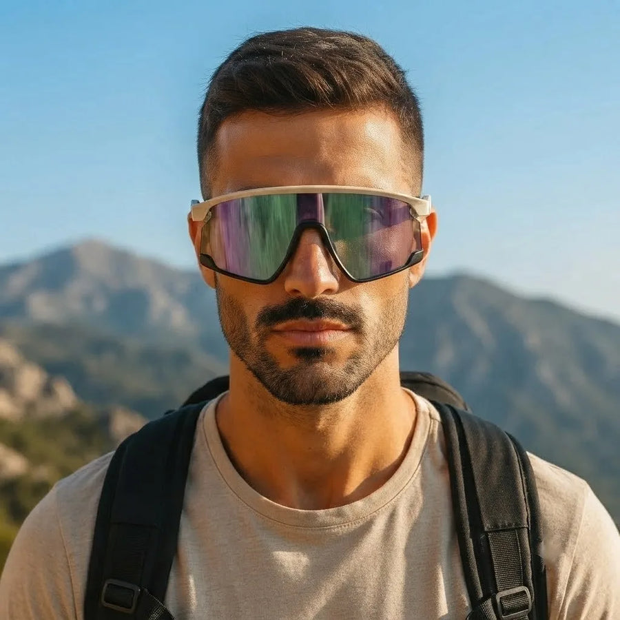 Eaga | Cream Large Half Rim Shield Sports Sunglasses for Men & Women [Mirrored]