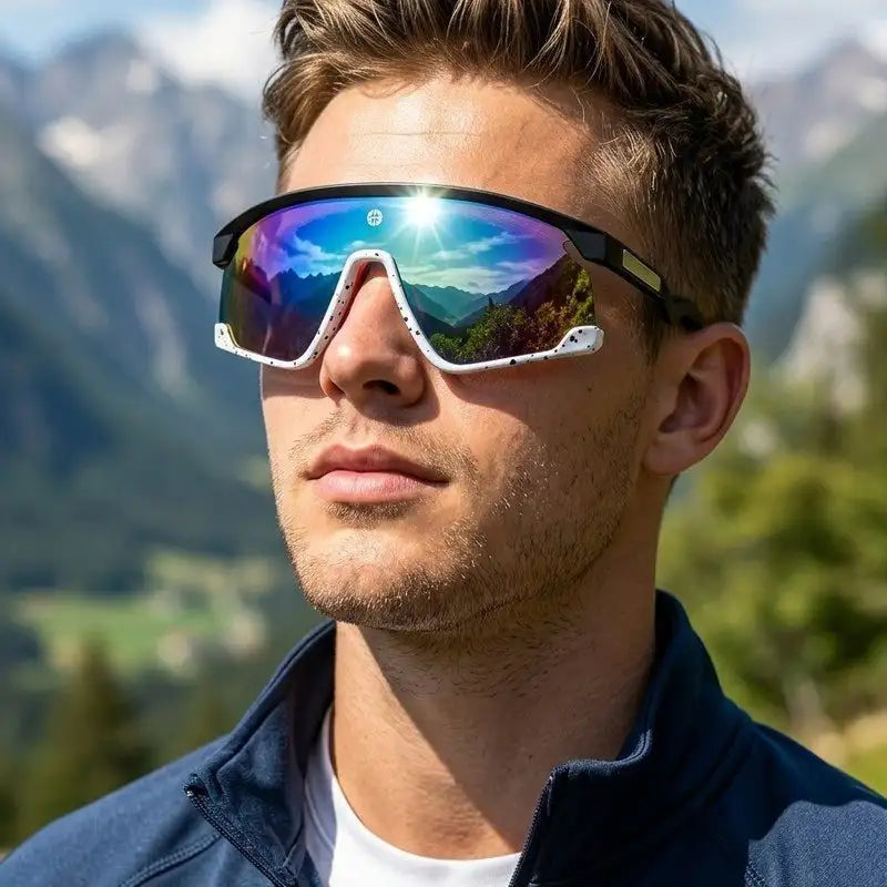 Eaga | Black-Grey Texture Large Half Rim Shield Sports Sunglasses for Men & Women [Mirrored]