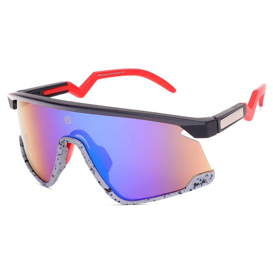 Eaga | Black-Grey Texture Large Half Rim Shield Sports Sunglasses for Men & Women [Mirrored]