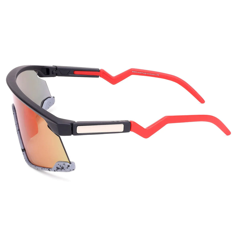 Eaga | Black-Grey Texture Large Half Rim Shield Sports Sunglasses for Men & Women [Mirrored]
