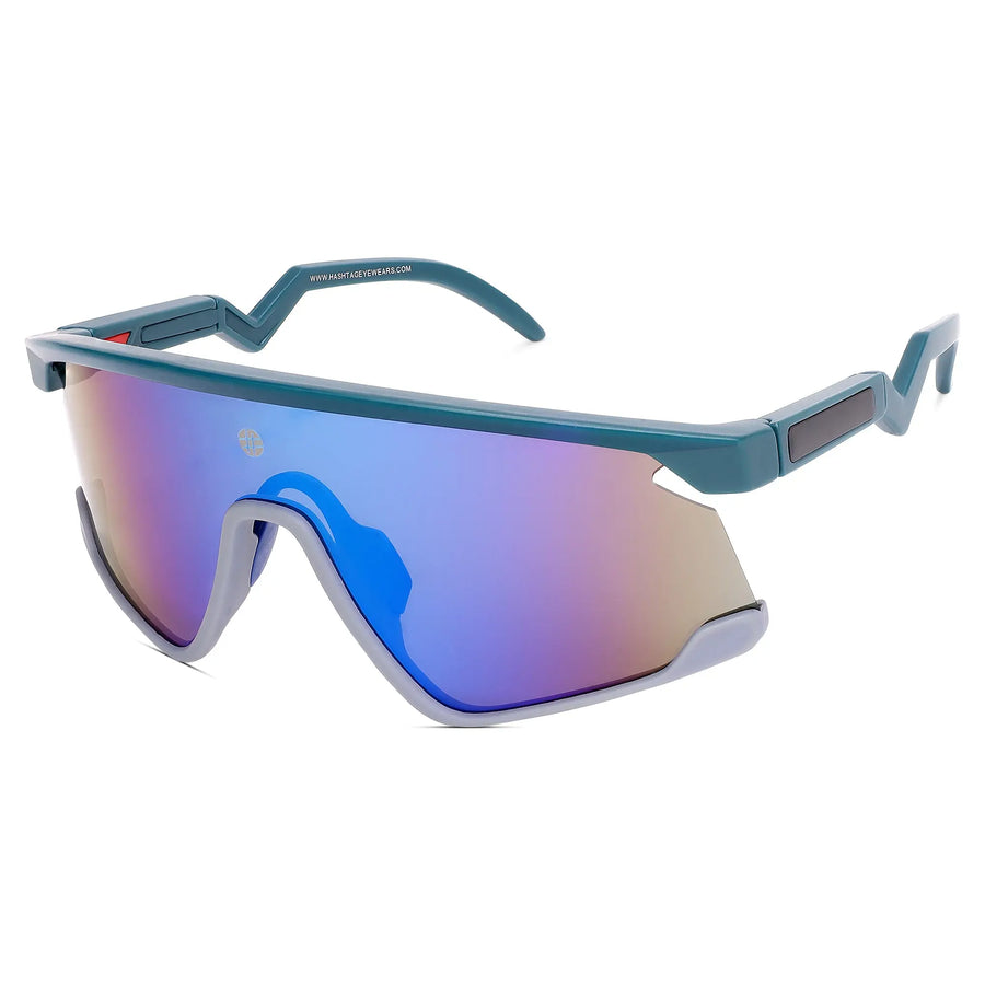 Eaga | Mate Green & Grey Large Half Rim Shield Sports Sunglasses for Men & Women [Mirrored]