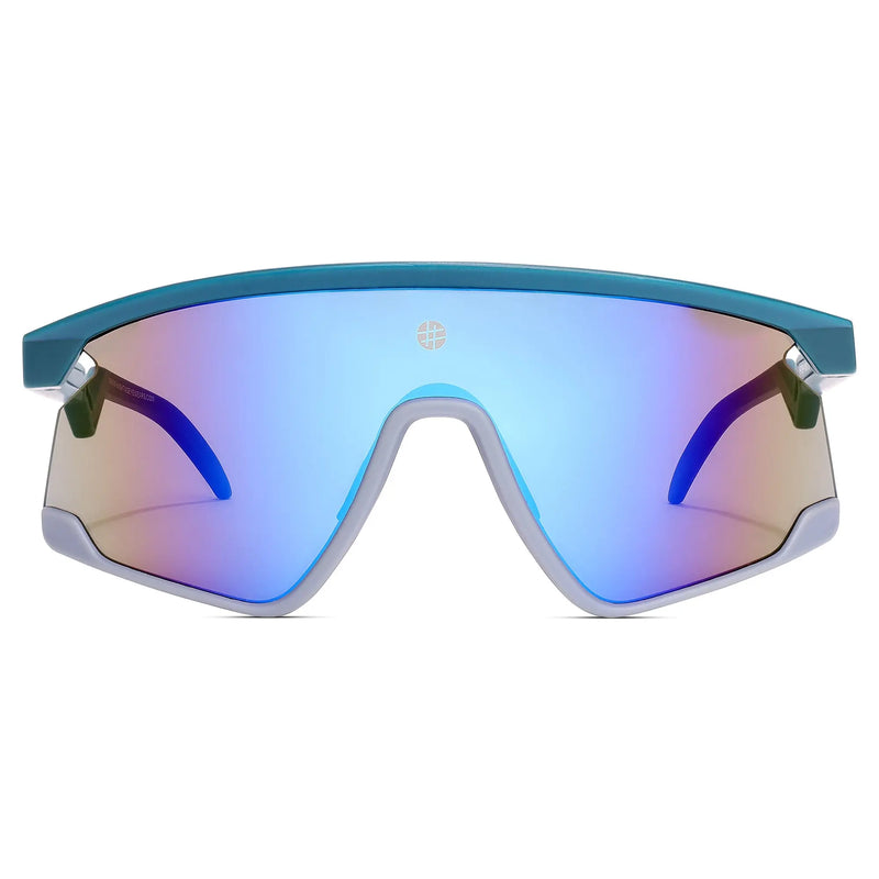 Eaga | Mate Green & Grey Large Half Rim Shield Sports Sunglasses for Men & Women [Mirrored]
